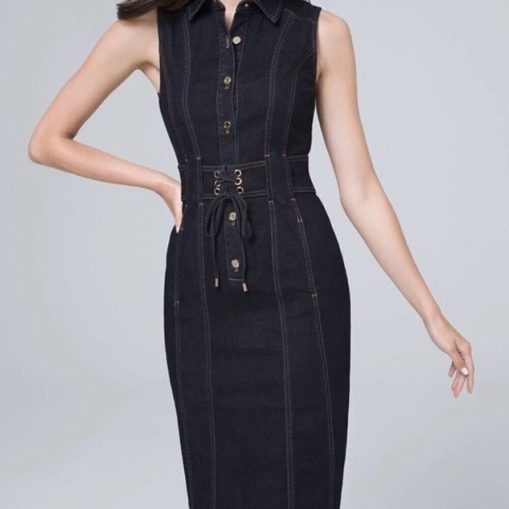 WHBM Woman's Sz 4 Sleeveless Denim Shirt Dress Corset Belt Dark Indigo Wash